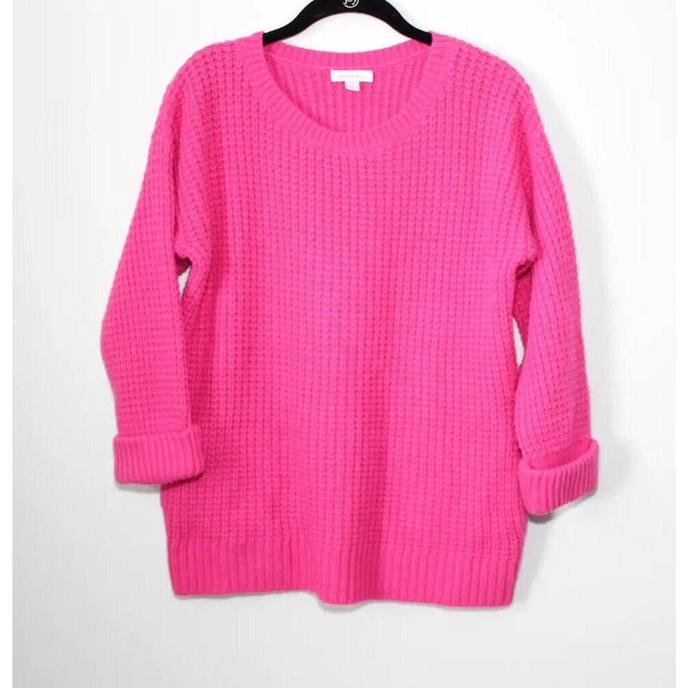 Garnet Hill Waffle Knit Crewneck Cashmere Wool Sweater Pink Pockets Size Small - Picture 3 of 16